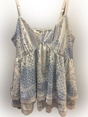 Madden Girl Blue & White Patchwork Lace Trim Babydoll Cami Tank Top NWOT Medium
